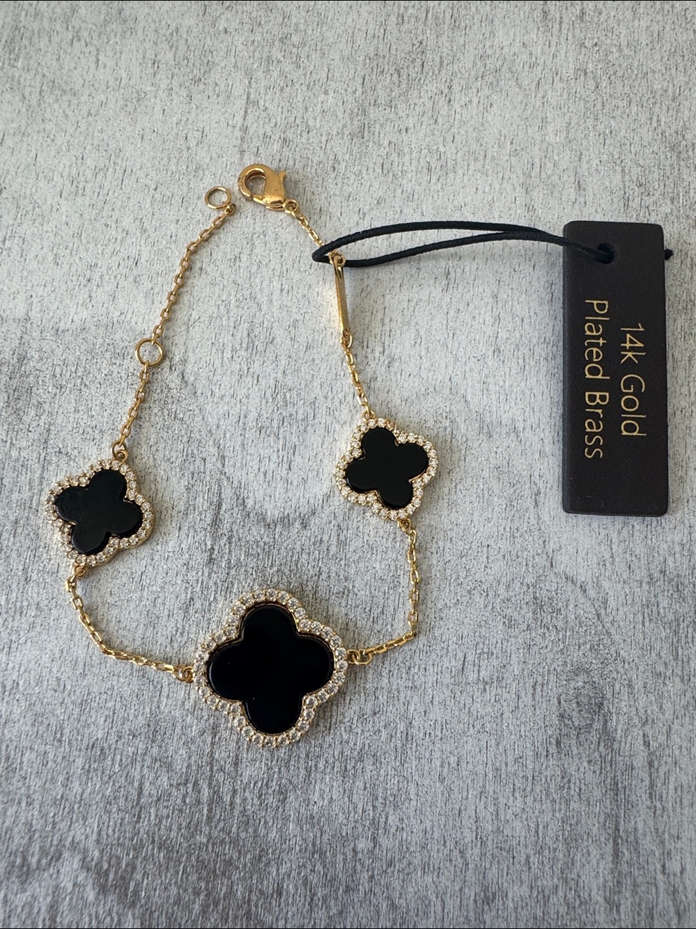 Rachel Zoe 14K Gold Plated Brass Pave 3 Clover Onyx Bracelet - Picture 4 of 9
